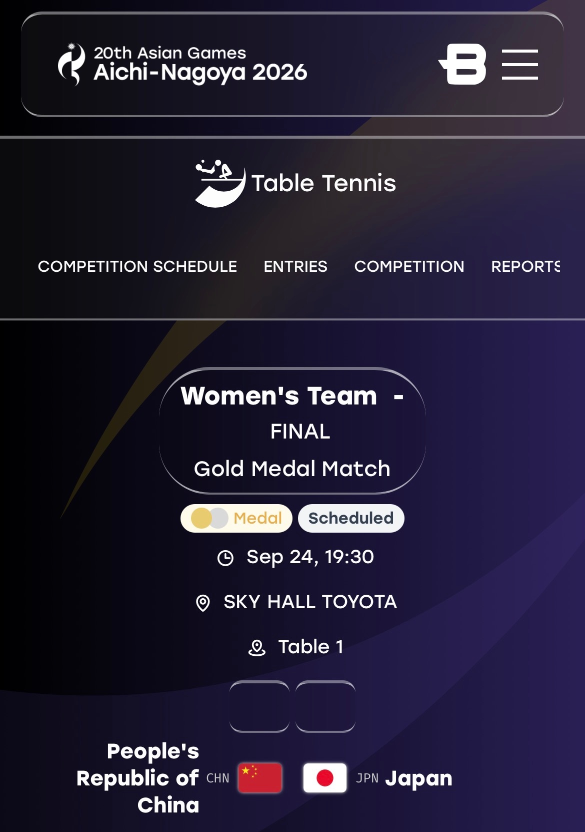 爱知名古屋亚运会 🏓赛事预告🏓女团决赛2026.9.24 18:30 T1中