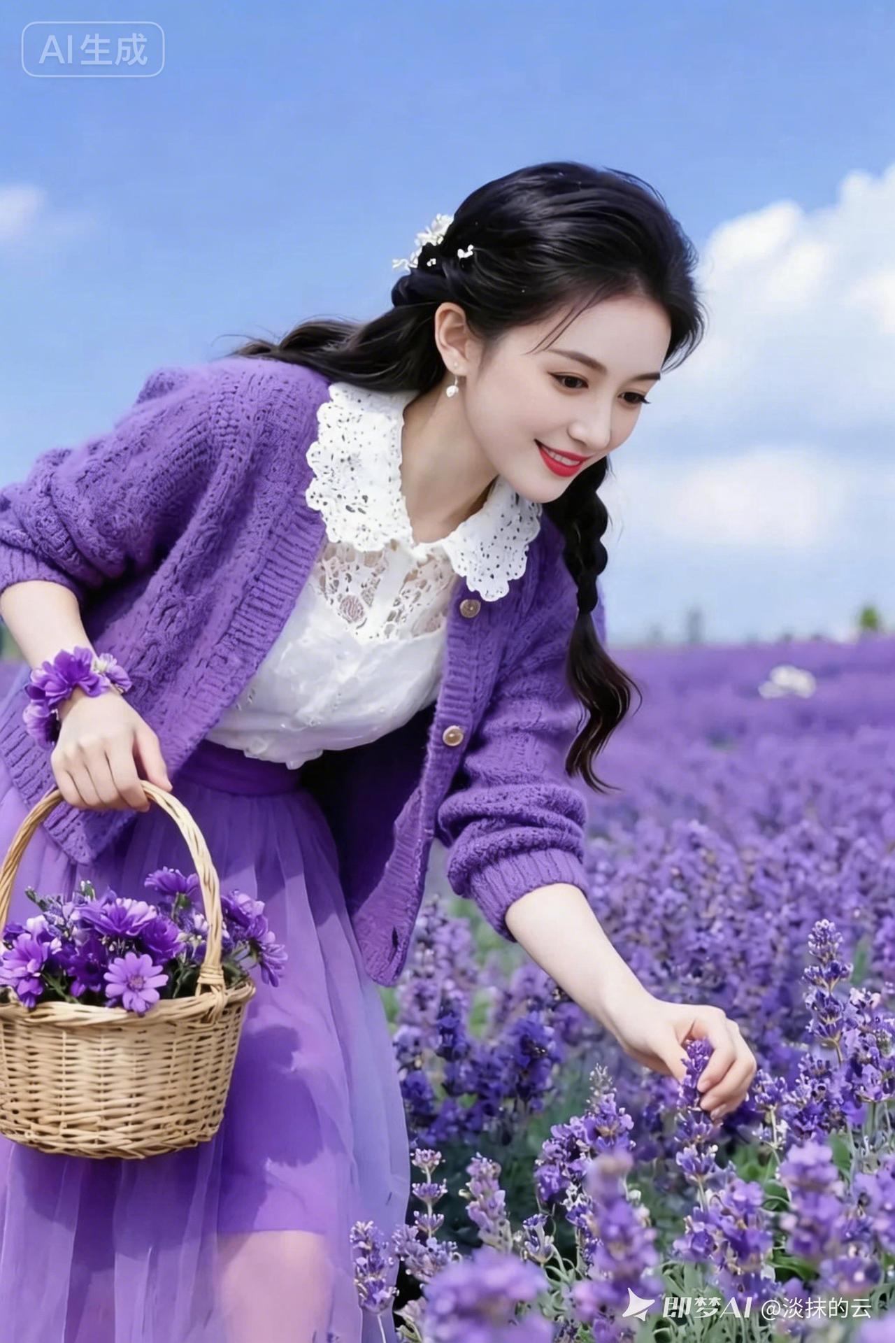 紫海中的梦幻少女，手捧花篮，笑靥如花