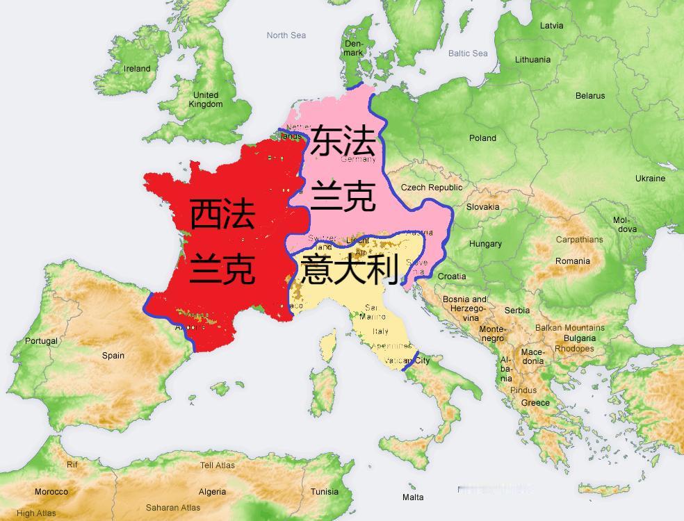 众所周知法国与德国都源自843年法兰克帝国的分裂，而法国源自帝国西部，德国源自帝