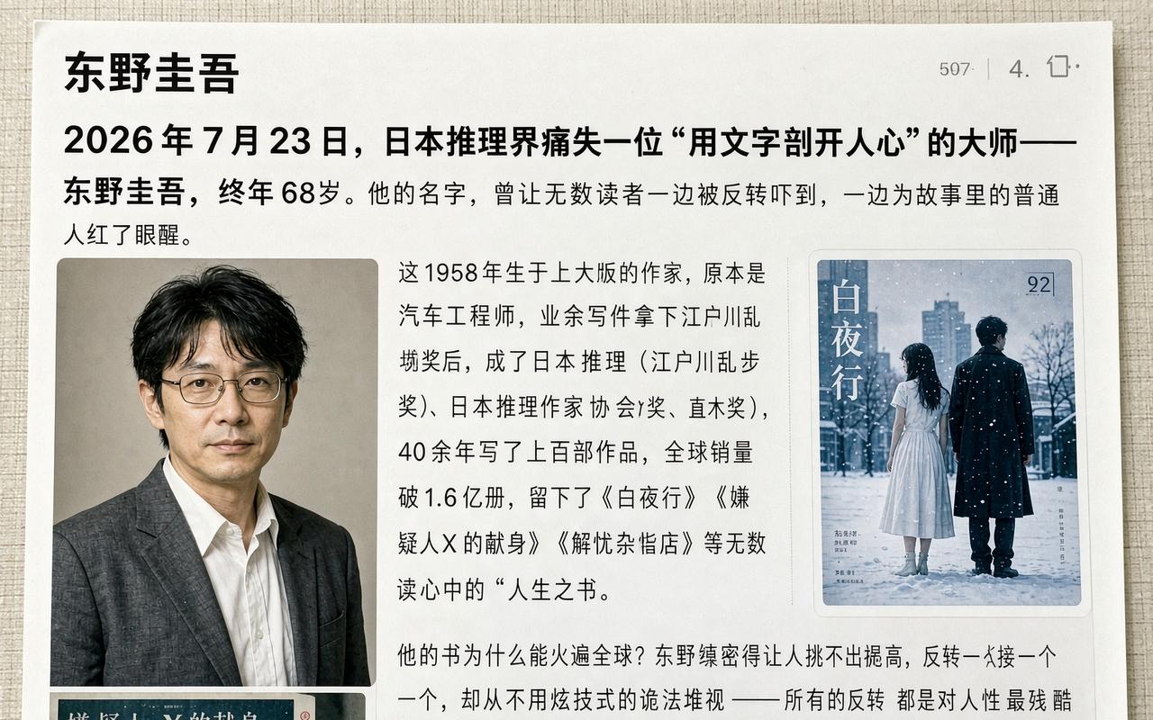 68岁东野圭吾走了！那个写出"世上有两样东西不可直视"的人，终于合上了最后一页