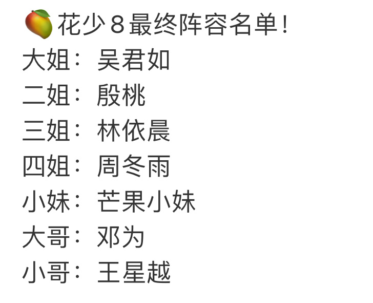 花少8确定阵容 哇噻 我还是继续重温丝路和同心季吧感觉8这些放一起会有矛盾 