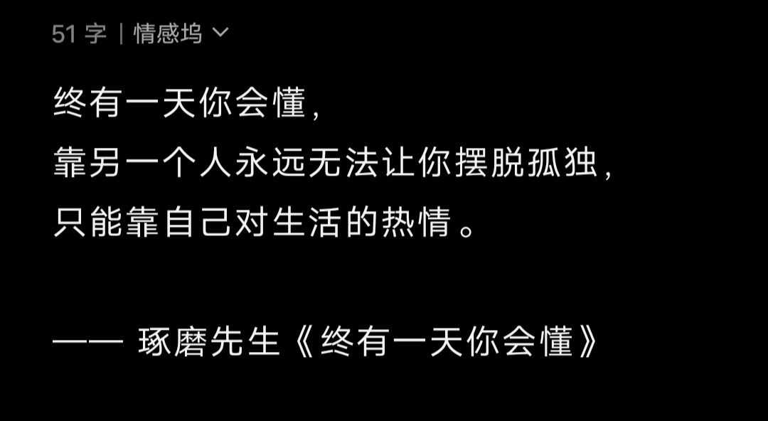 终有一天你会懂，靠另一个人永远无法让你摆脱孤独，只能靠自己对生活的热情。—— 琢