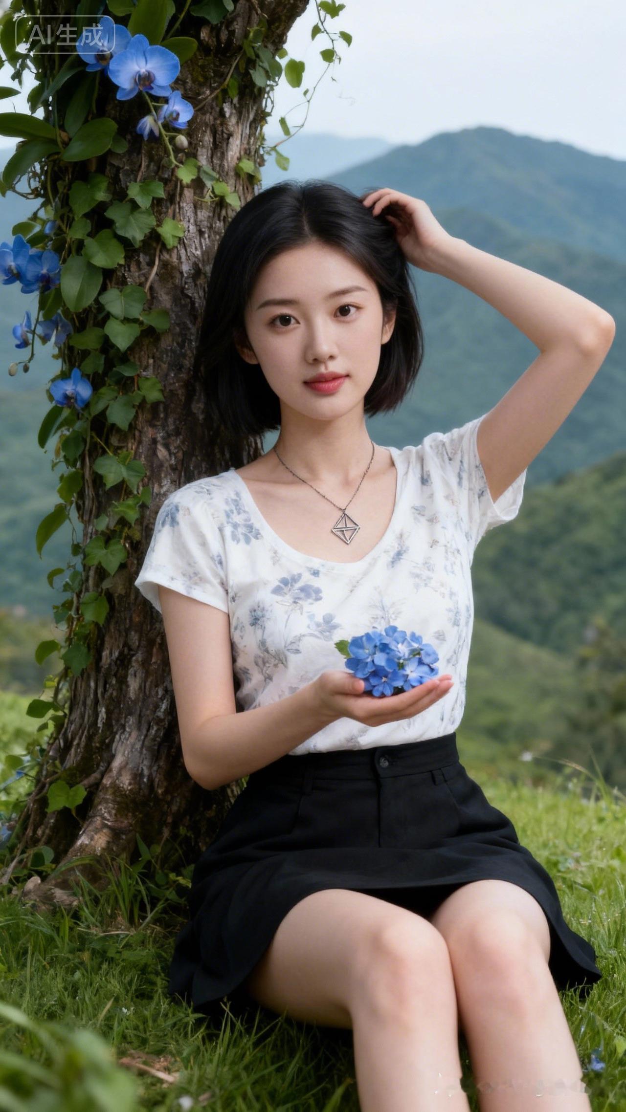 一个女孩坐在树下，手捧蓝色小花。