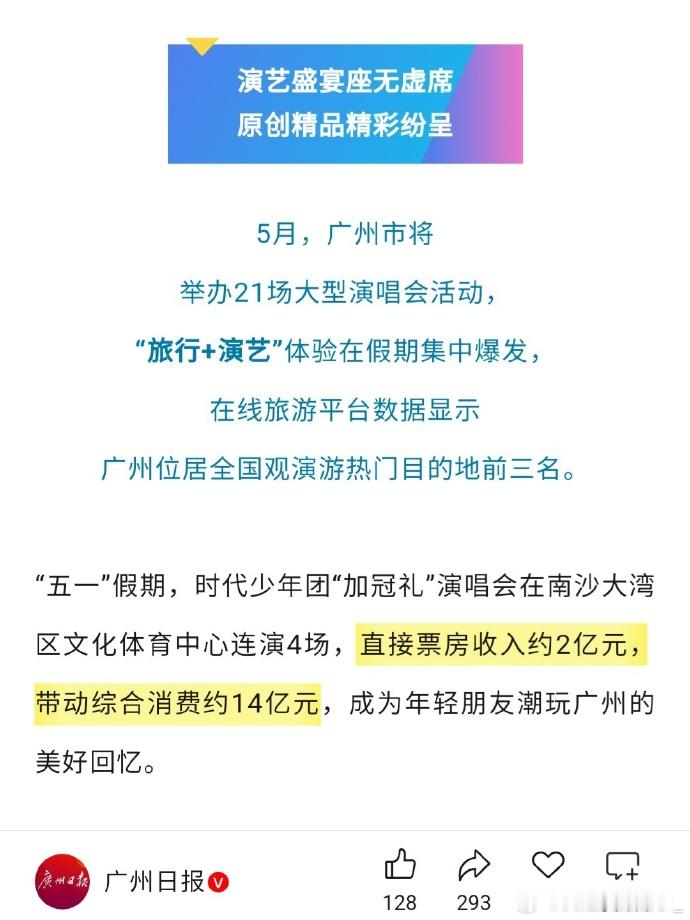 💎广州五一演出市场数据炸裂：21场演唱会，时代少年团4场带动综合消费14亿。时