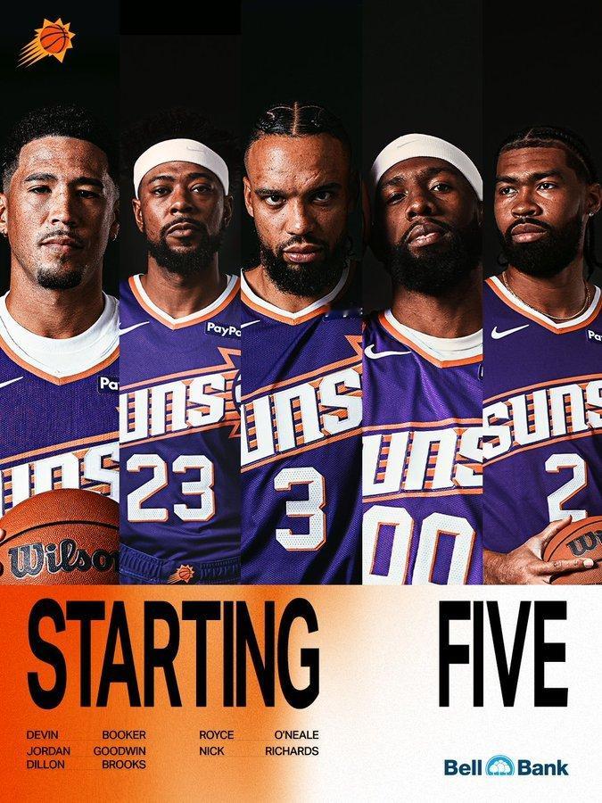 【今日首发阵容🔥】：🧡德文-布克💜乔丹-古德温🧡狄龙-布鲁克斯💜罗伊斯