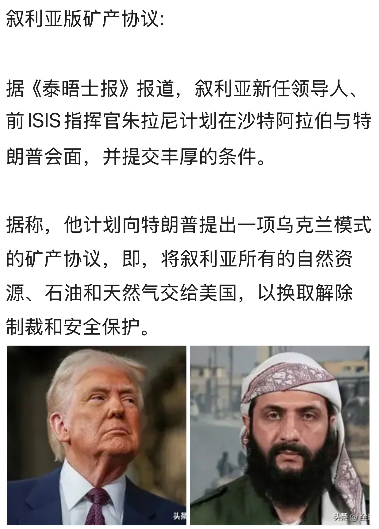 [允悲]据称，他计划向特朗普提出一项乌克兰模式的矿产协议，即，将叙利亚所有的自然