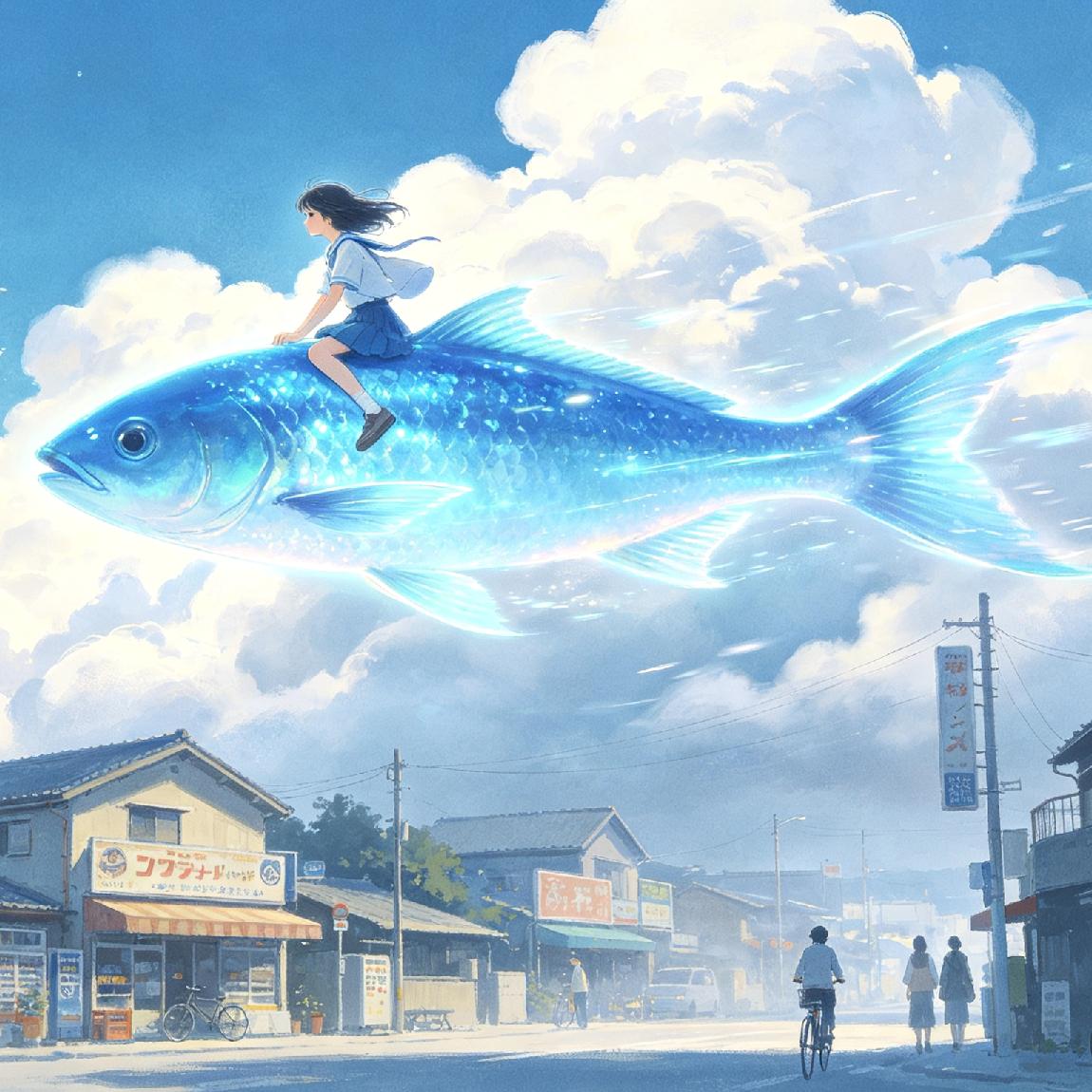 昨夜做了个奇幻的梦，
一条蓝色大鱼通了灵性，
载着我腾空乱飞。俯冲而下的瞬间，竟