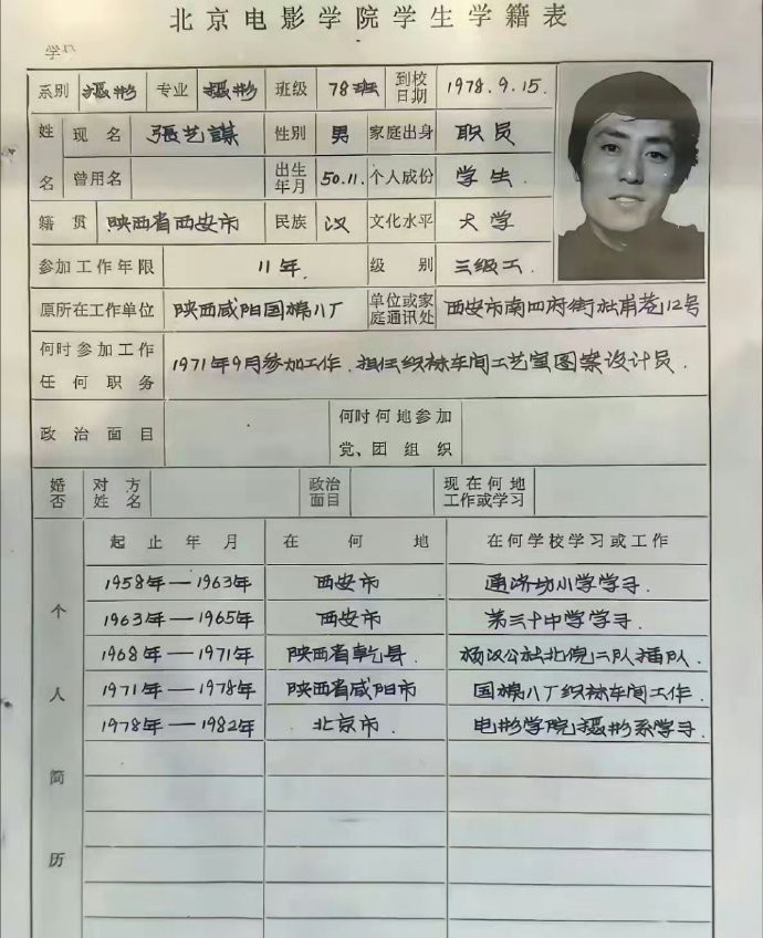 1978年，张艺谋填的学籍表。 字写得真漂亮，难怪能成大导演。