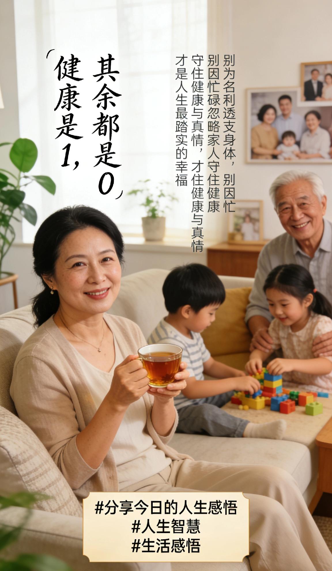 分享今日的人生感悟健康是1，其余都是0。别为名利透支身体，别因忙碌忽略家人，守住