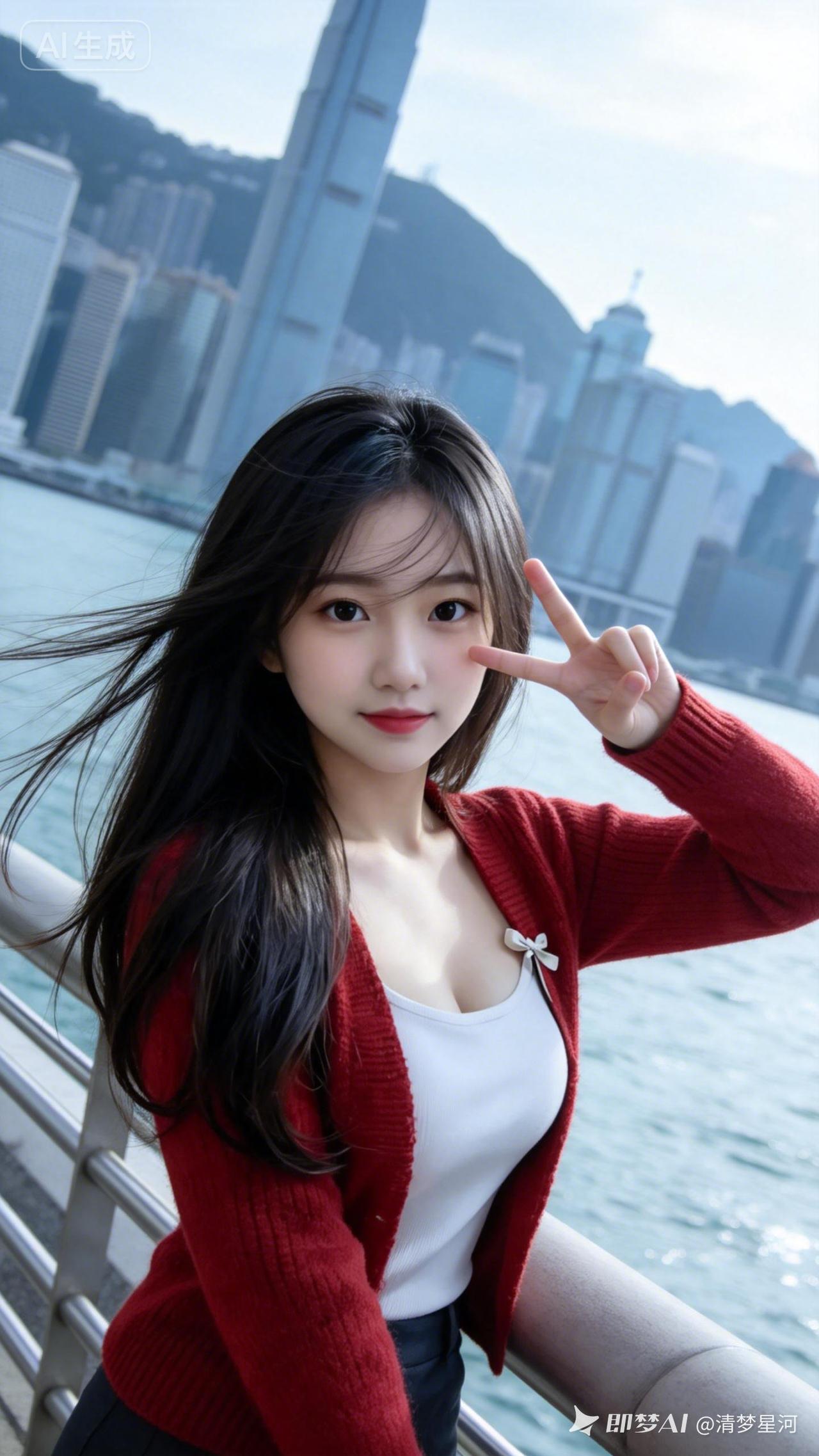 少女立于临水栏杆边，黑长直发随性散落，发丝轻拂面庞。俏皮比耶尽显灵动活力，身后城