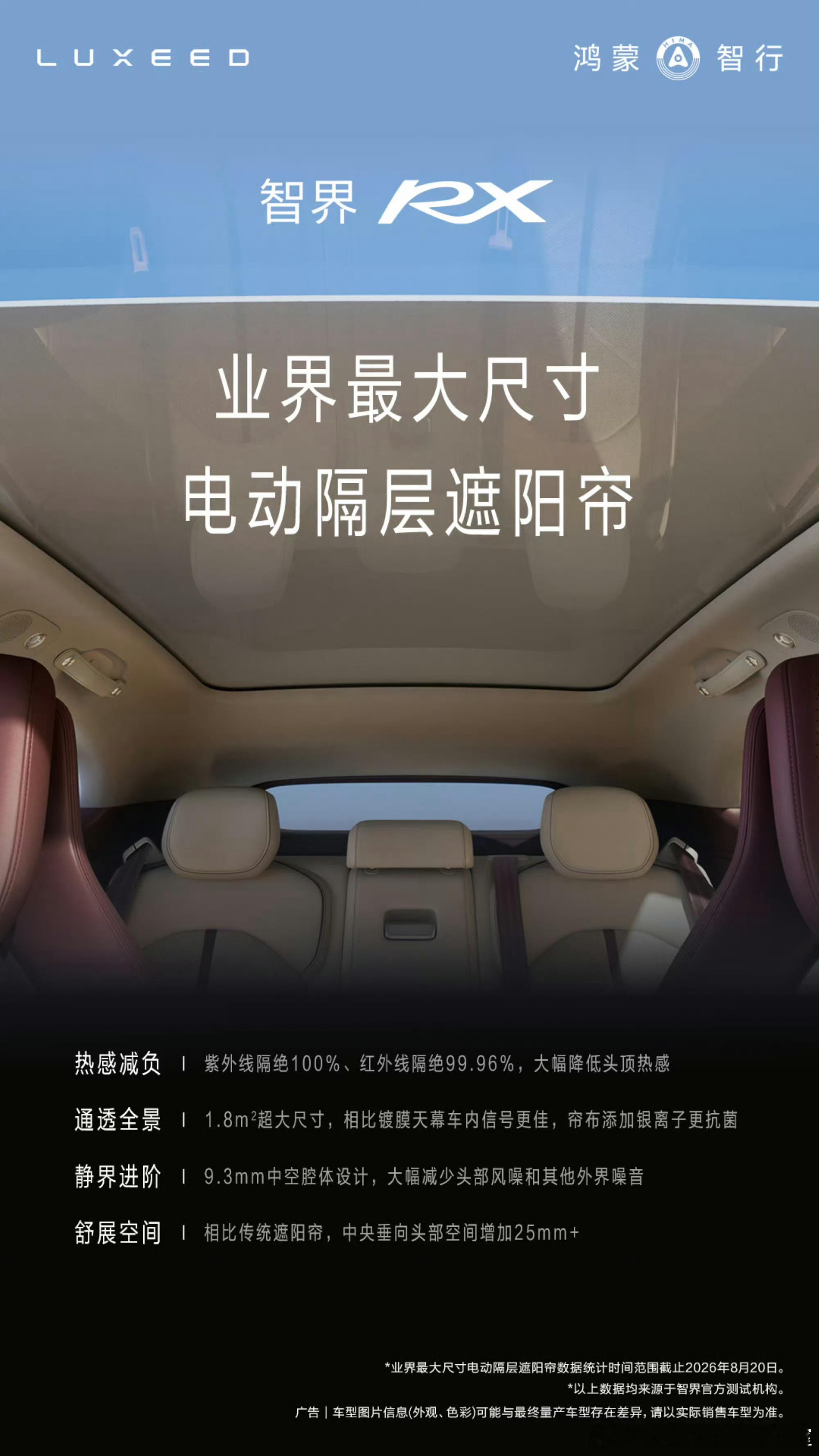 智界RX搭载业界最大尺寸电动隔层遮阳帘“三明治”式设计，紫外线隔绝100%、红外