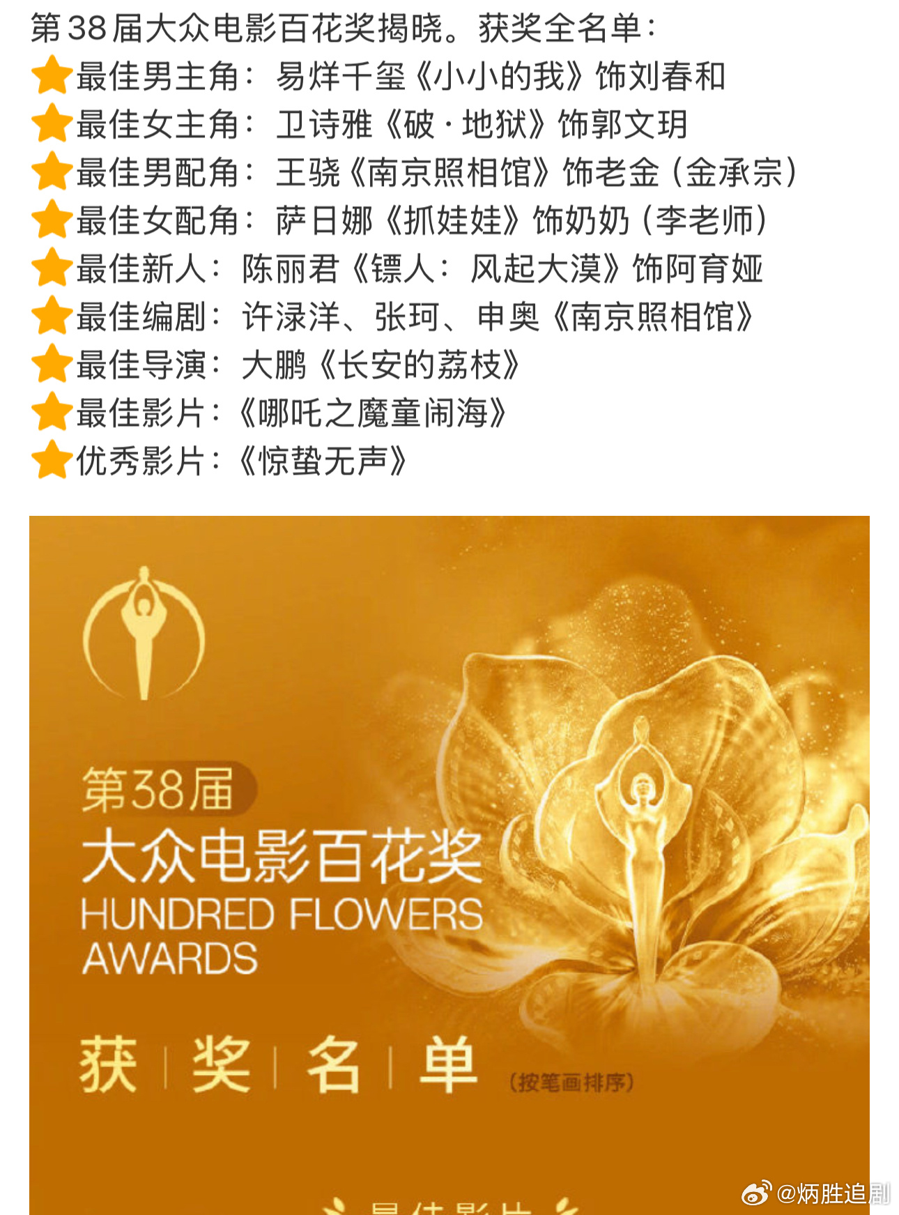 第38届大众电影百花奖，一个电影一个奖，雨露均沾，没有多的也没有少的