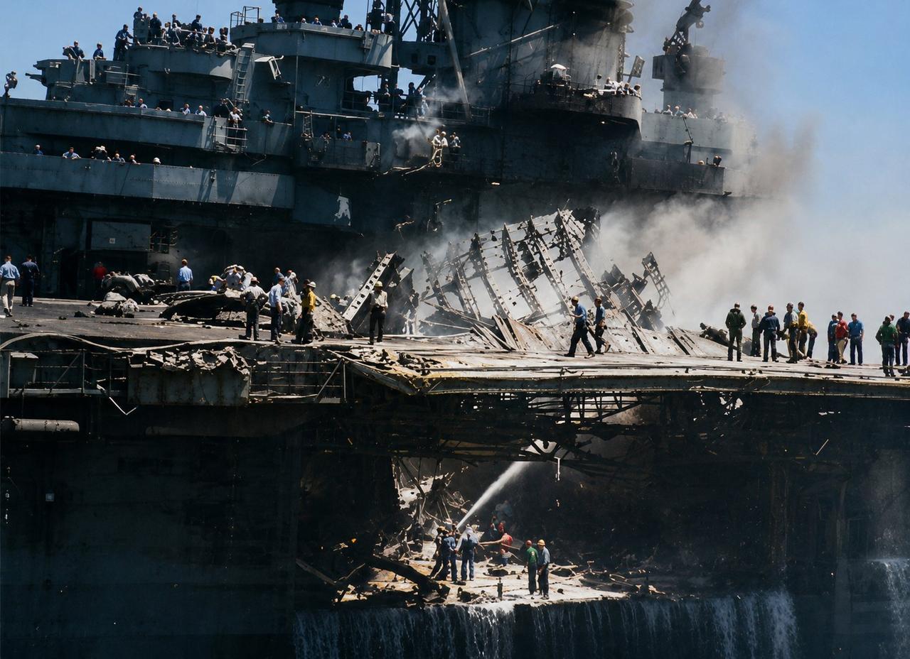 USS Bunker Hill (CV-17)在对日本冲绳进行神风特攻后坠毁的K