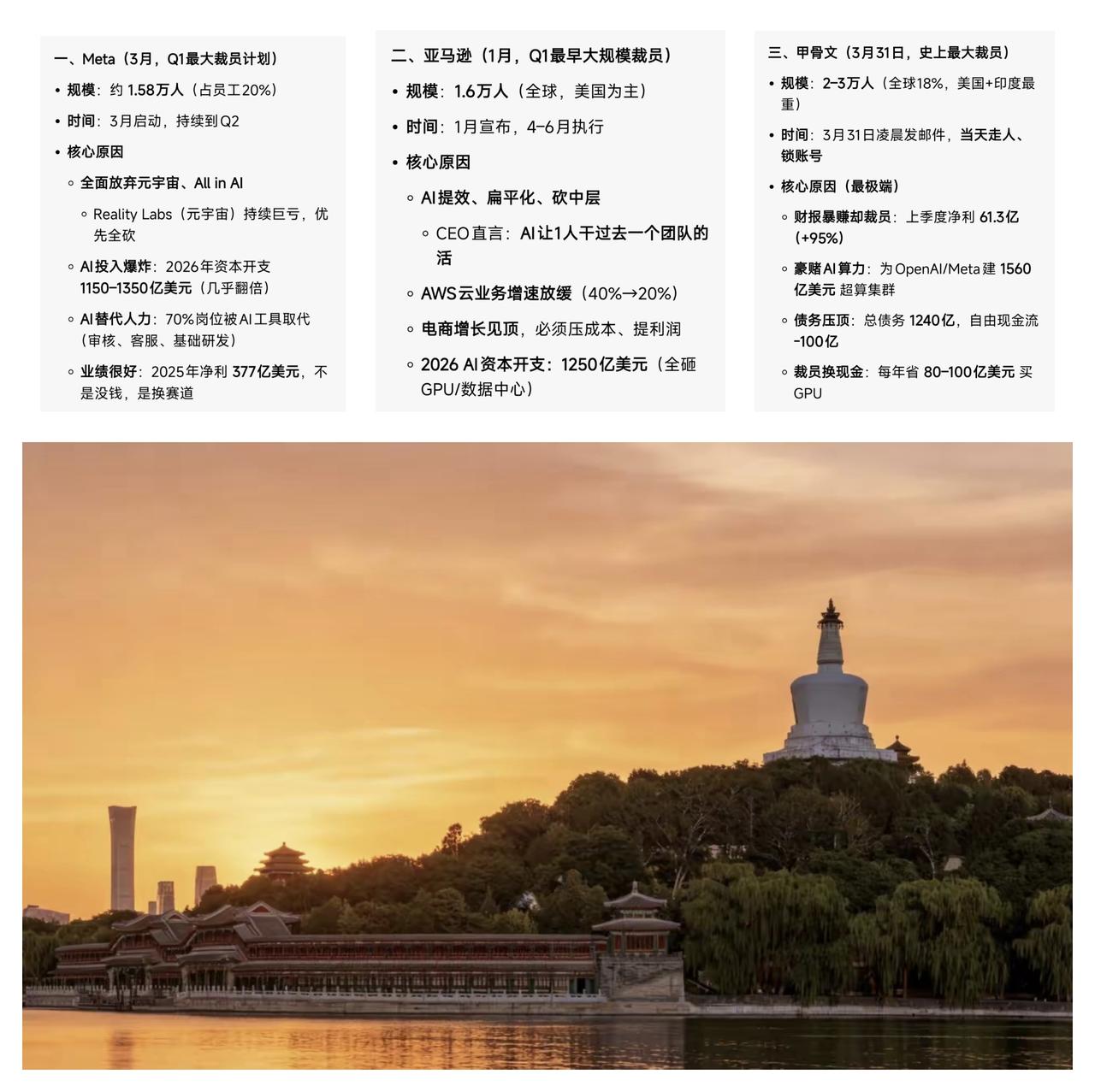 ✨甲骨文半夜突然裁员3万人✨

🐼 2026年第一季度，美国Meta公司裁员1