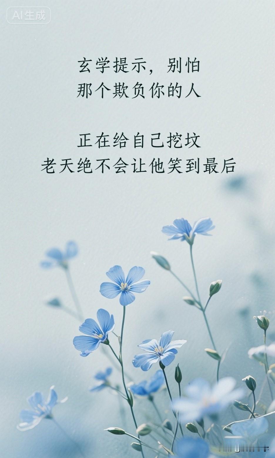 玄学提醒，别怕，那个欺负你的人，正在给自己挖坟，老天绝不会让他笑到最后。

你有