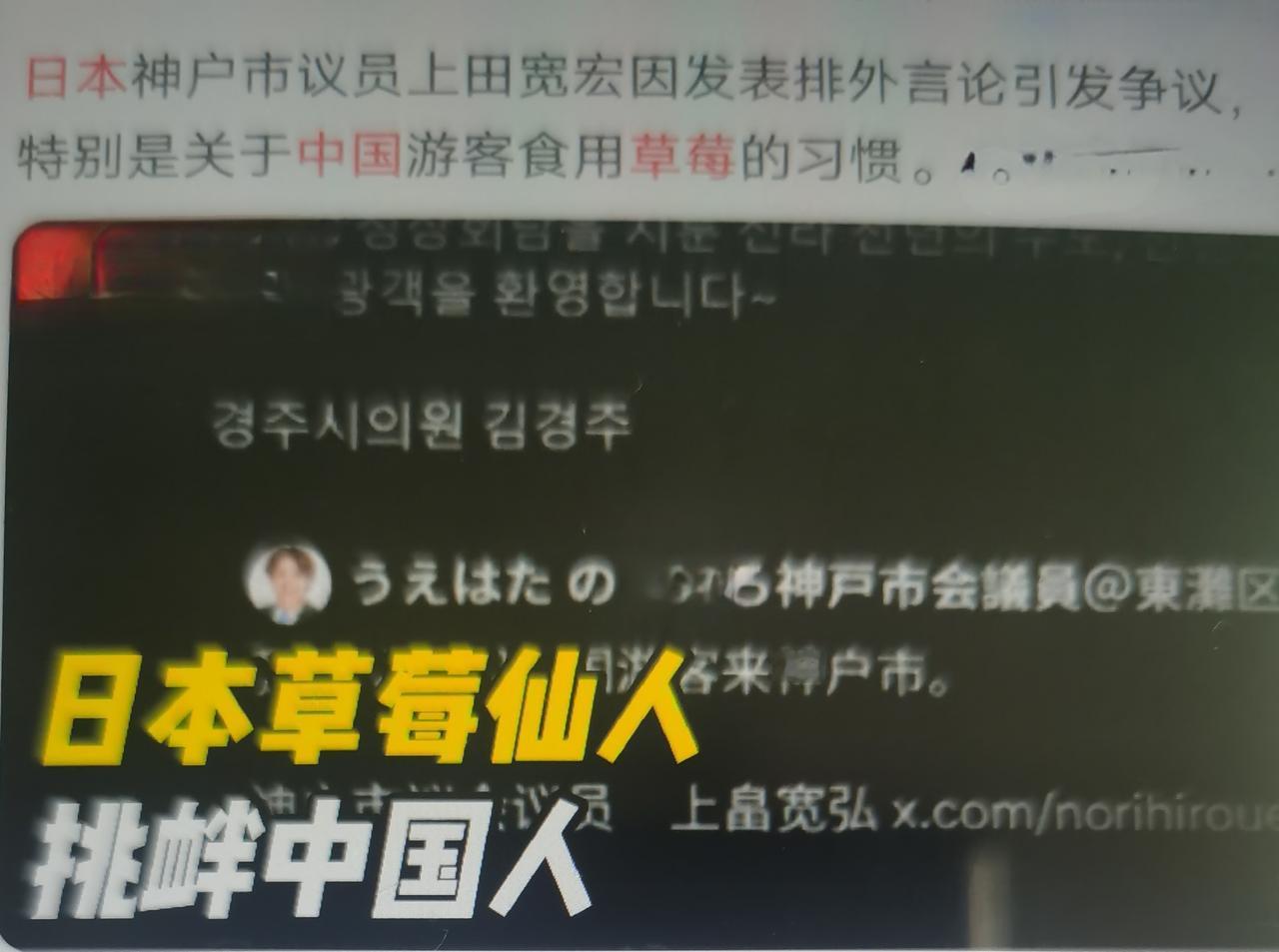 “草莓仙人”本名上畠宽弘，日本神户市地方市议员，极右翼分子。外号来源于去年闹剧：