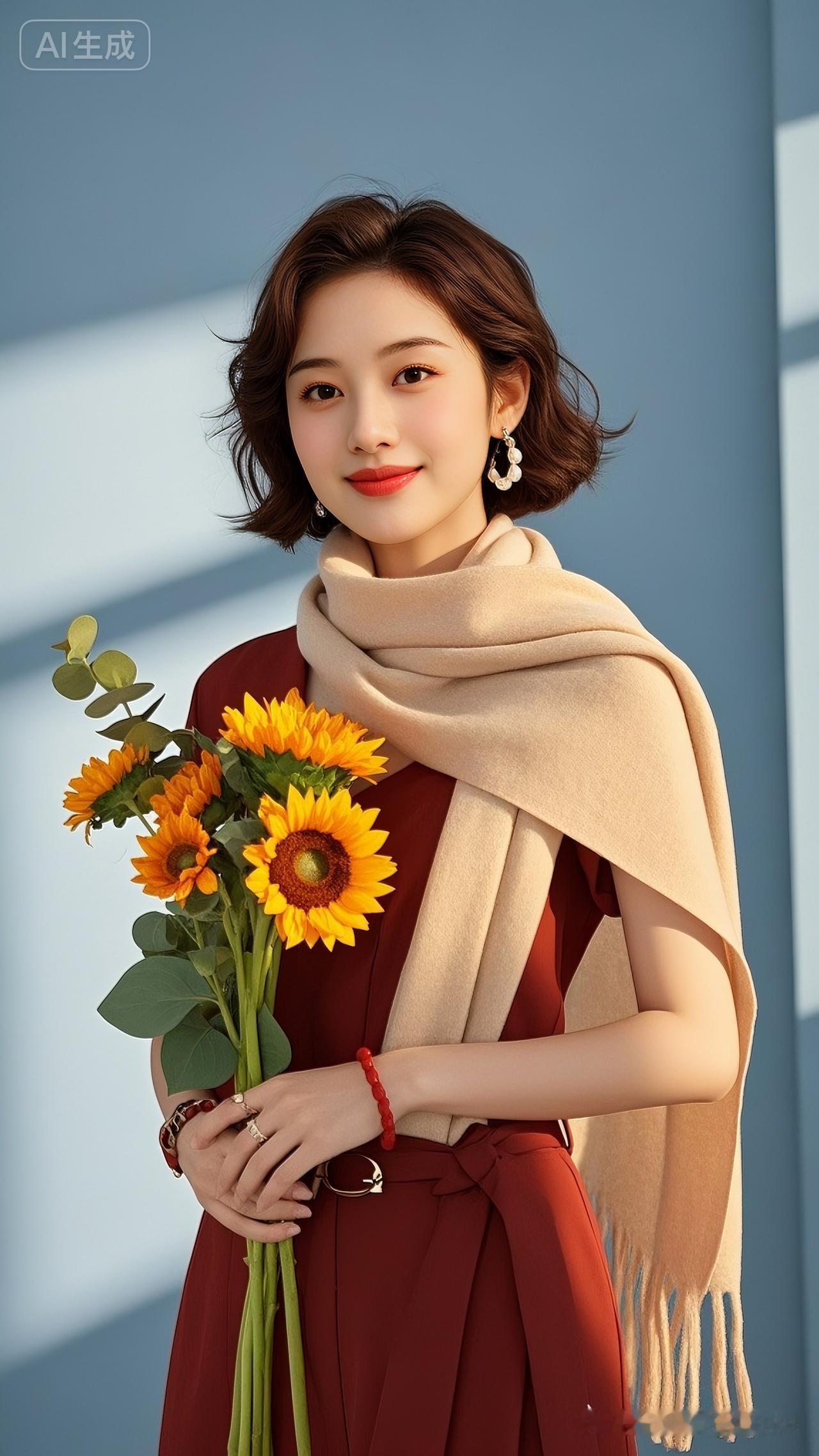 温暖秋日穿搭，红裙与向日葵的完美搭配，尽显优雅与自然之美。