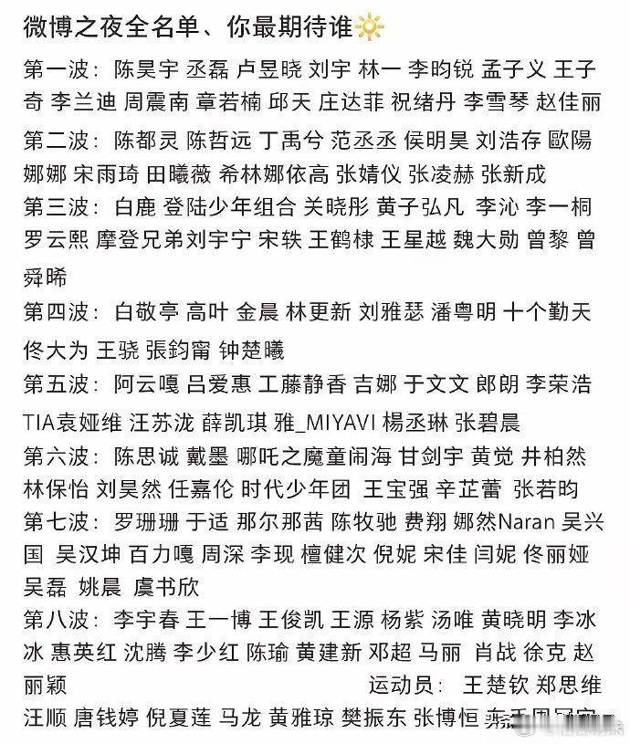 这次的微博之夜真的好多好多艺人啊🤣🤣已经漏疑似红毯顺序来了，按实际为准，你怎