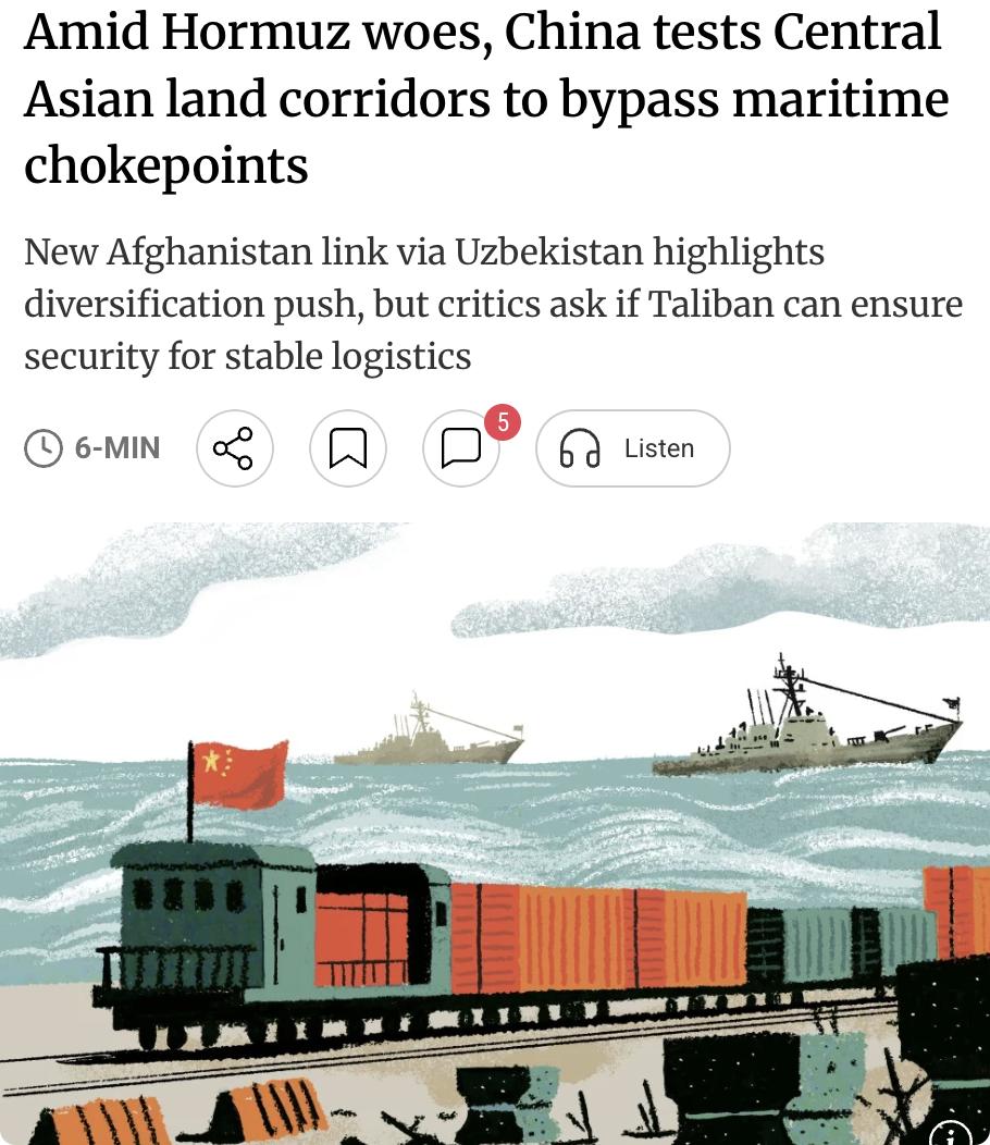 外媒：中国正加速测试中亚陆路通道以绕开海上咽喉要道。

因霍尔木兹海峡持续动荡，