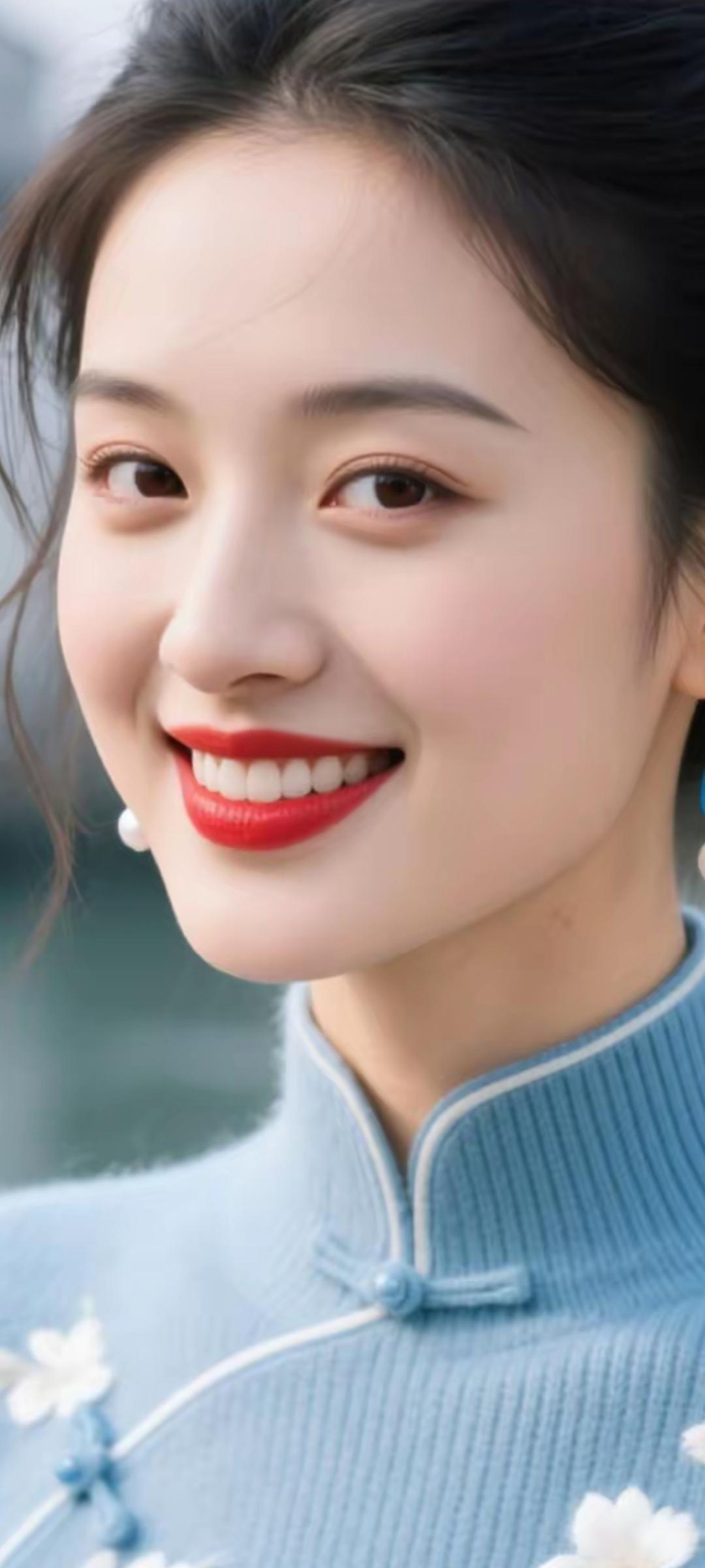 温柔甜美的笑容，蓝色旗袍的优雅，让人心动的美丽瞬间。🌸💄👗