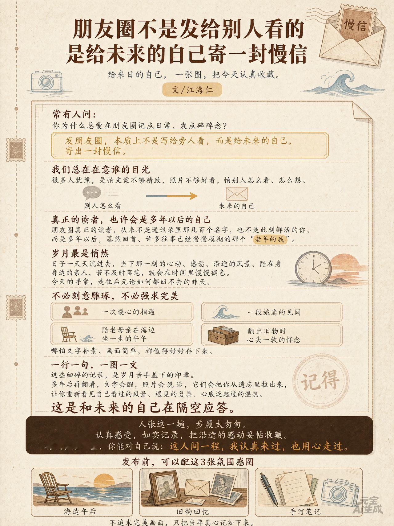 朋友圈不是发给外人看的，是写给多年后的自己
 
总有人问我，经常发朋友圈记录日常