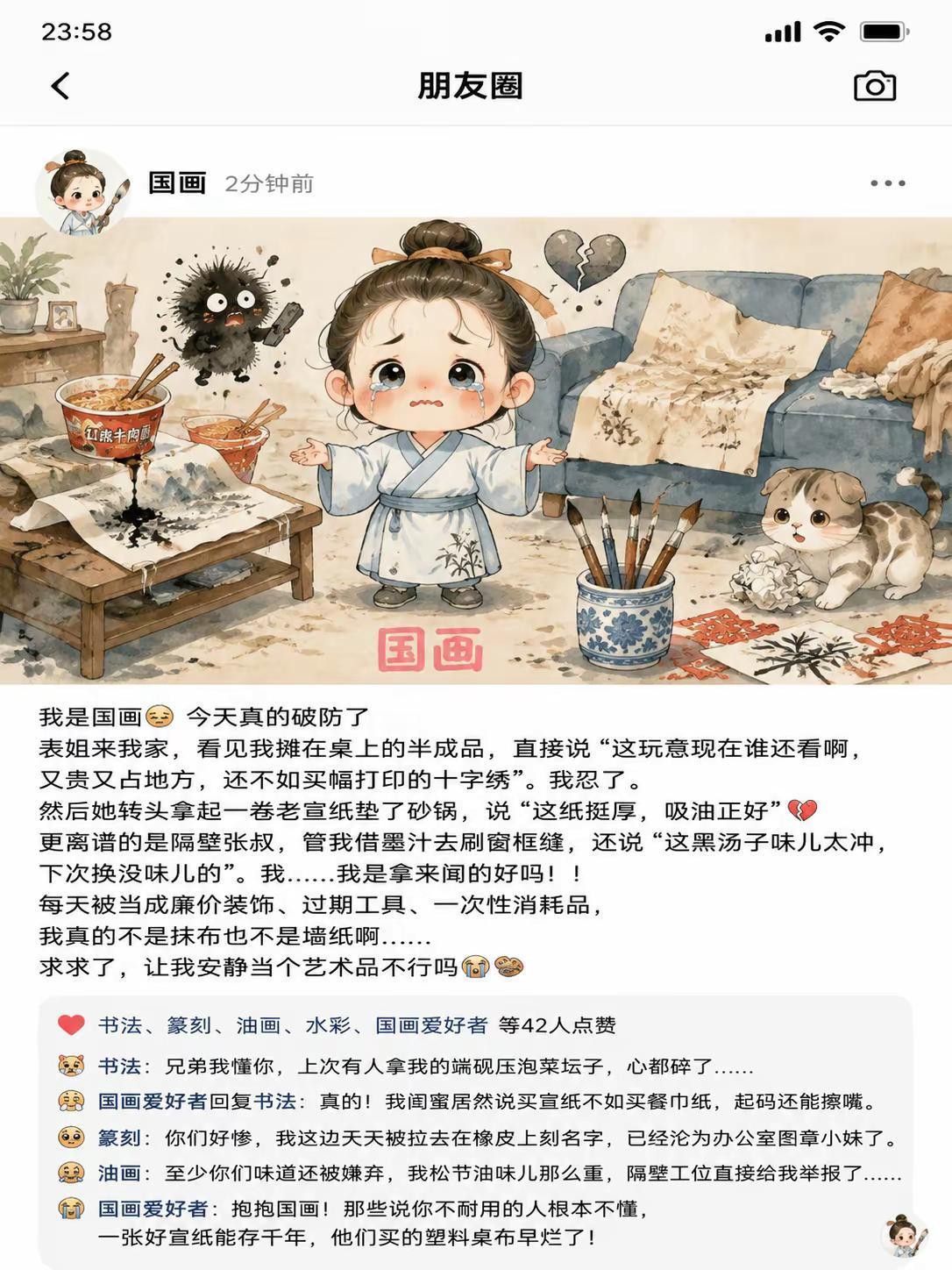 国画深夜破防实录，每一条都扎心💔。“这玩意现在谁还看啊！”“宣纸嘛？拿来垫砂锅