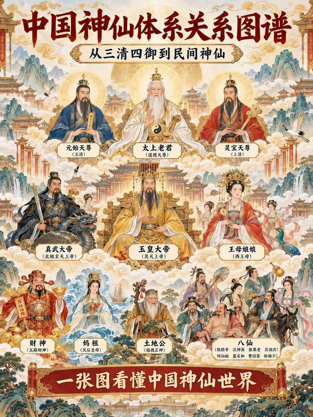 很多人看神话、刷影视剧，总搞不清各路神仙的排位。
这套图谱，把庞杂的中国神仙体系