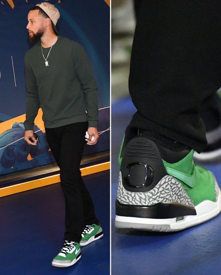 乱穿鞋，今天入场穿得俄勒冈配色AJ3，热身好像穿的全黑的JB4，还是让库里试试“