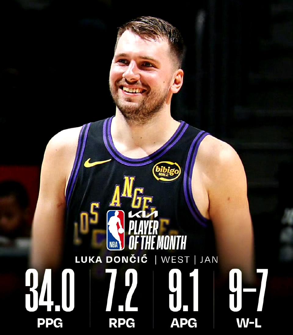 东契奇在一月份数据非常牛，场均34分7篮板7助攻。

但是湖人9胜7负，也就是季