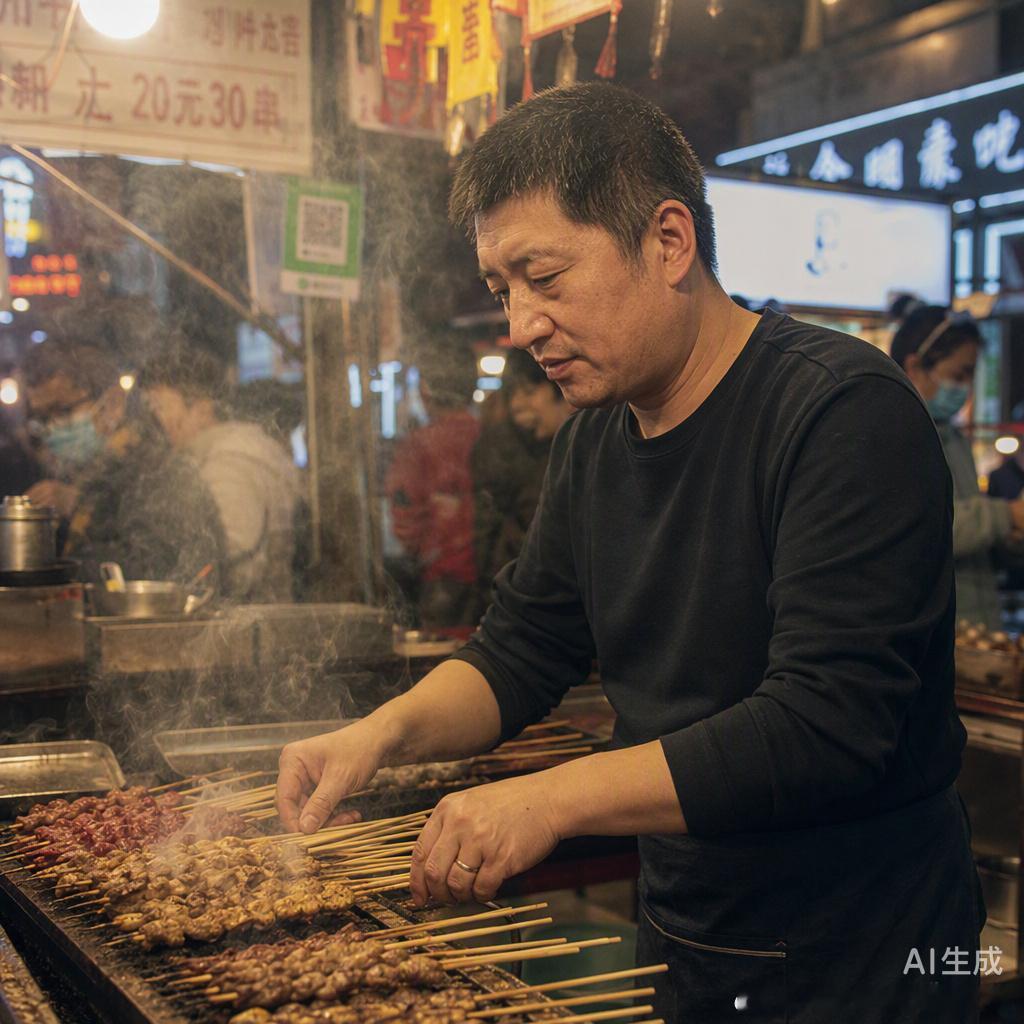 河南平顶山的夜市里，42岁的摊主陈杰正低头翻动着烤串。烟雾缭绕中，那张酷似张雪峰