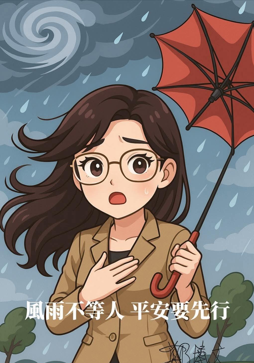 郑丽文脸书温馨提醒，“风雨不等人，平安要先行”，一张以她为原型在疾风暴雨中撑伞卡