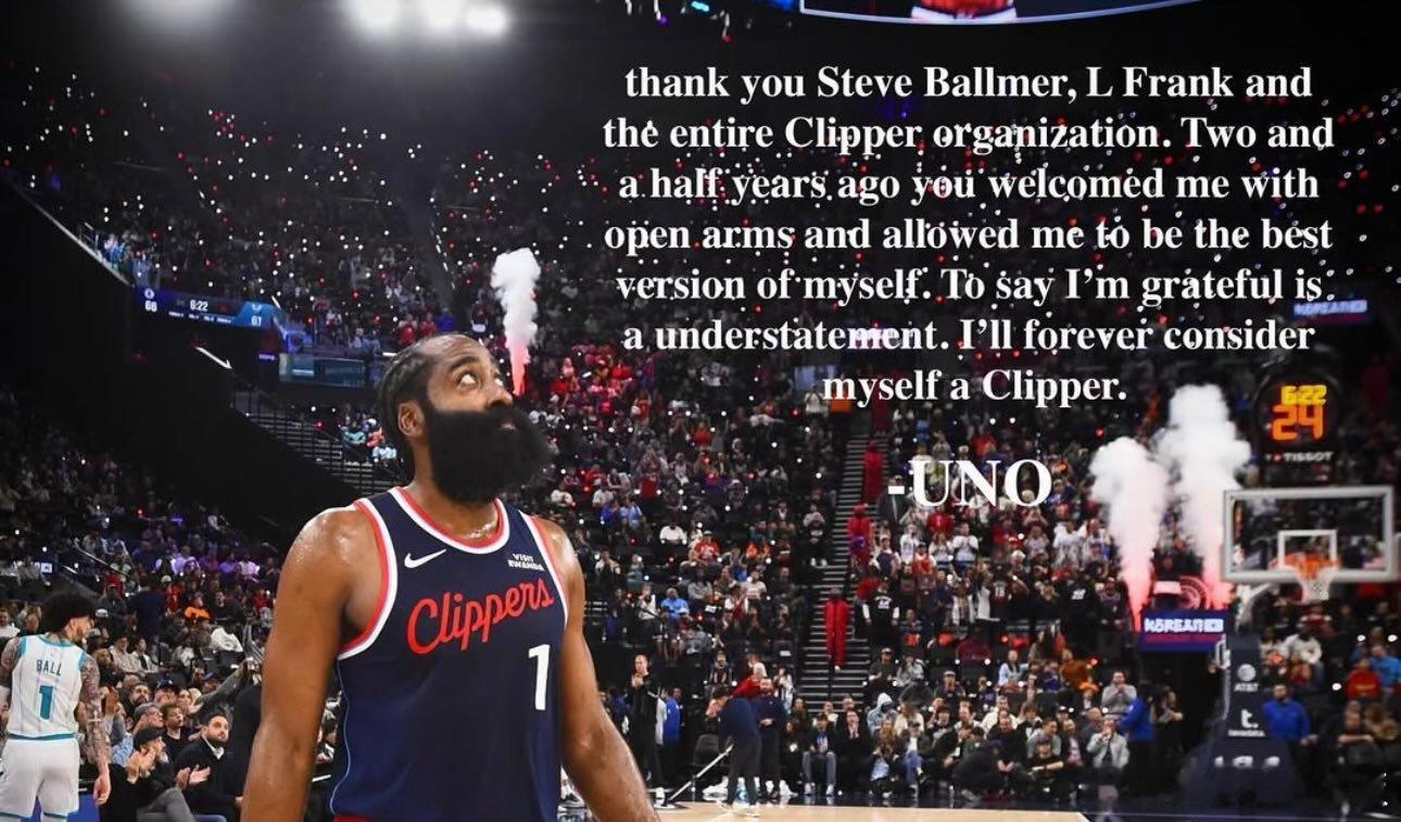 哈登更新社交媒体，正式告别快船队👋🏻“感谢史蒂夫-鲍尔默、劳伦斯-弗兰克以及