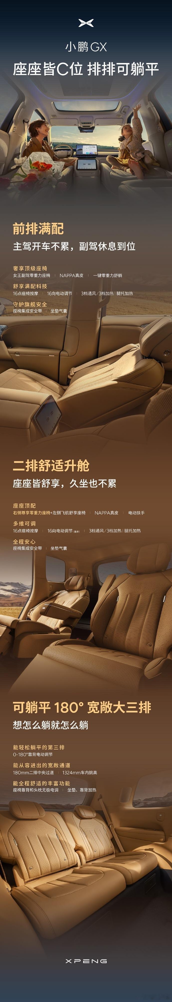 看了小鹏 GX 的内饰图，真的是排排可躺平啊。前排主驾开车不累，副驾有零重力座椅
