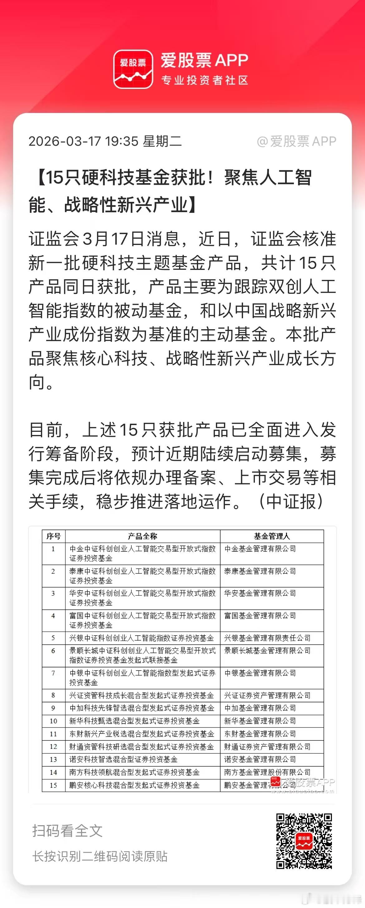 今晚科技的利好，证监会一下批了15只硬科技类基金。其中，包括7只被动指数型基金，