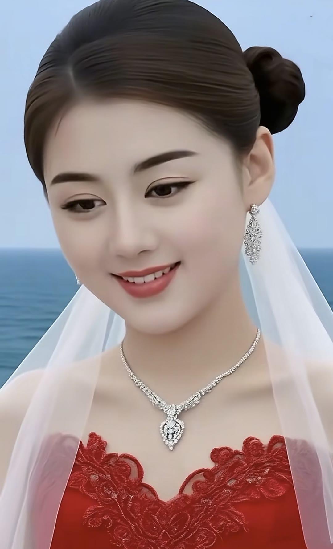 海边婚礼的甜美新娘，笑容灿烂，红裙与海浪相映成趣。