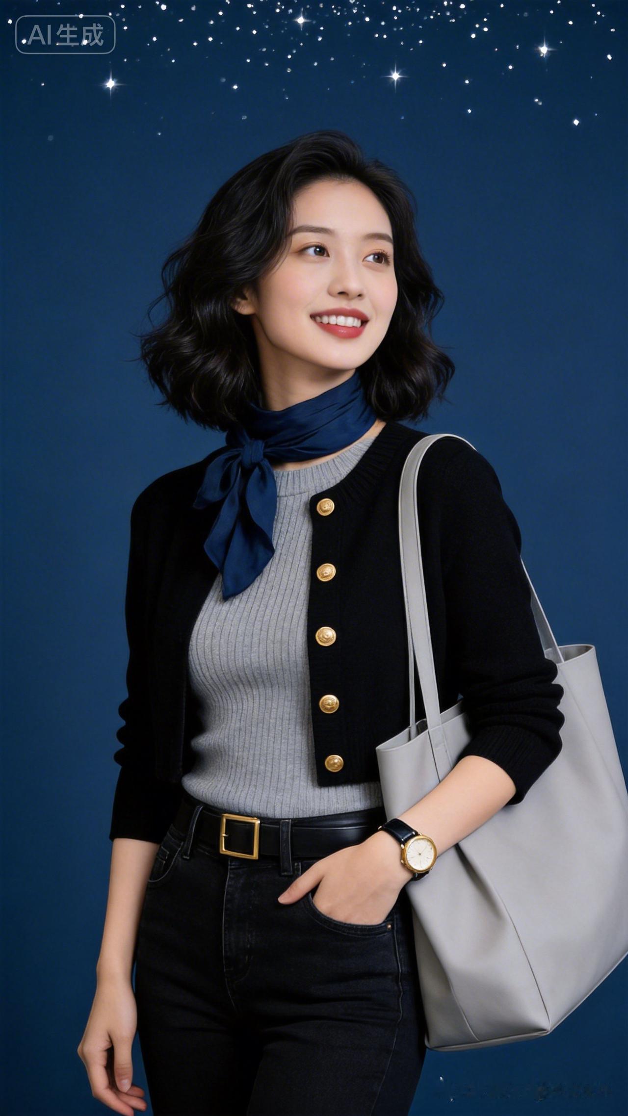 优雅气质穿搭，蓝色丝巾点缀，时尚感满满！