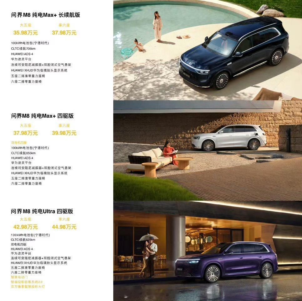 问界M8纯电版上市，35.98万起，油电同价，9月开启交付，5座/6座可选，80