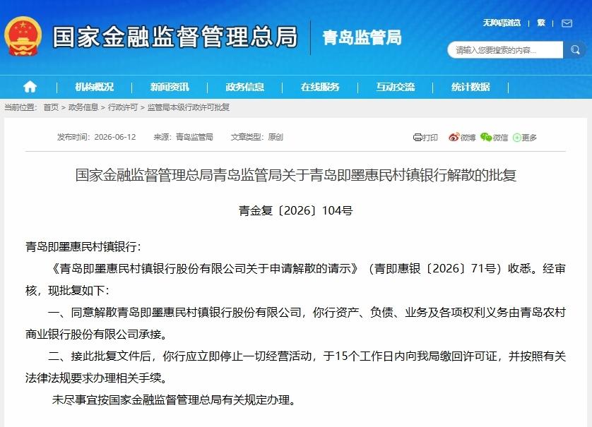 真心话茶局近日，国家金融监督管理总局青岛监管局发布批复文件（青金复〔2026〕1