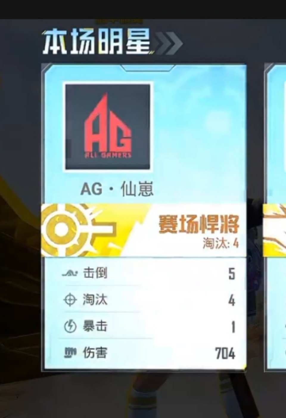AG·仙崽当选本场明星，获封赛场悍将。单局斩获4淘汰、5击倒，打出704伤害。2