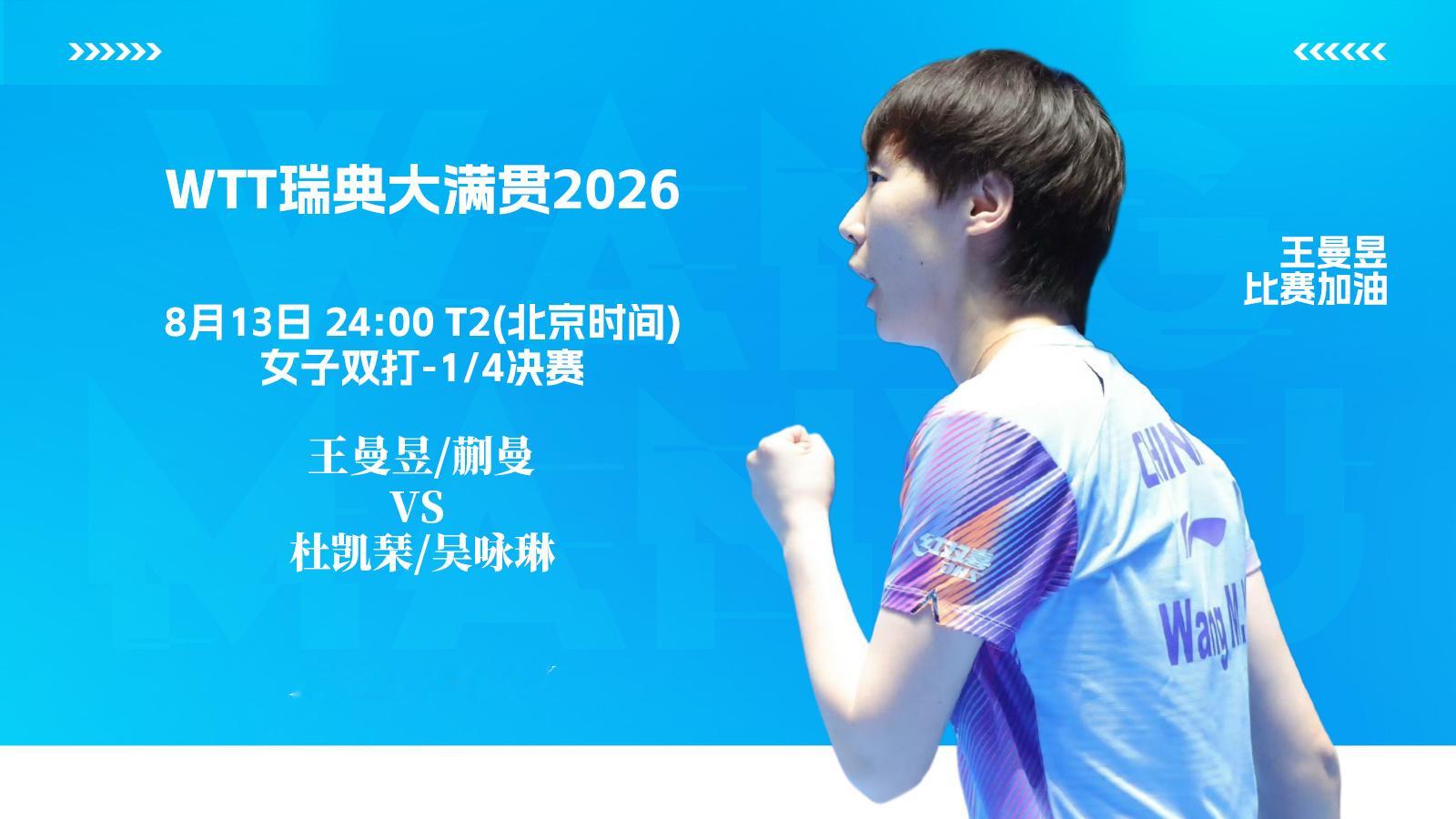 【8月13日女双赛事预告】wtt欧洲大满贯瑞典站2026   王曼昱蒯曼vs杜凯