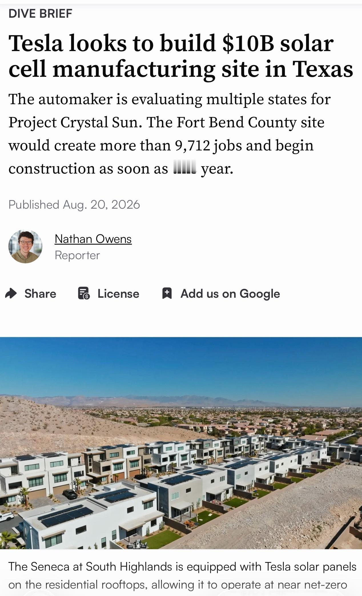Tesla拟在得州建设101亿美元太阳能电池工厂梗概：Manufacturing