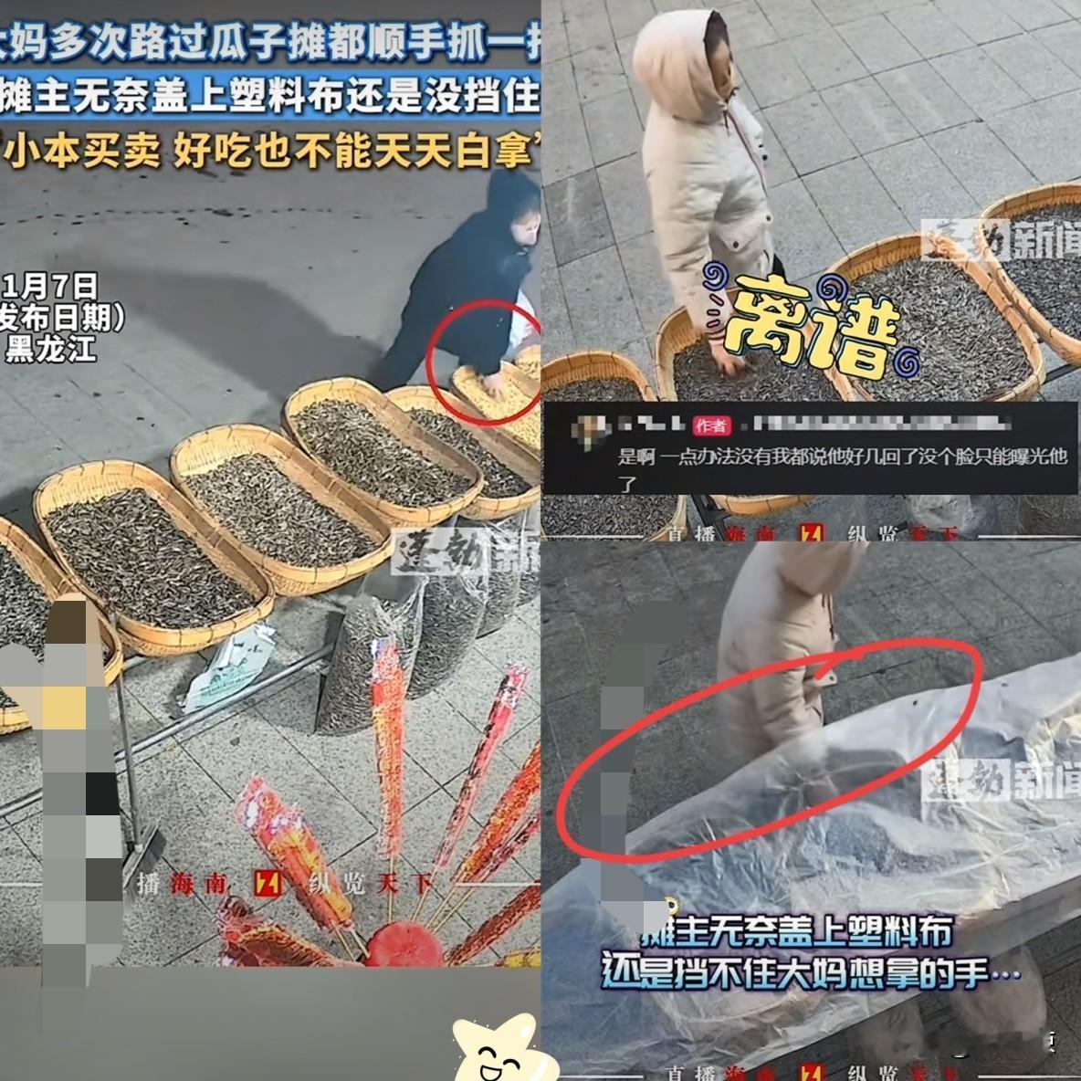 “太无语了！”黑龙江，
一女子每次路过瓜子摊时，
她准得伸手抓一大把揣进兜里，简