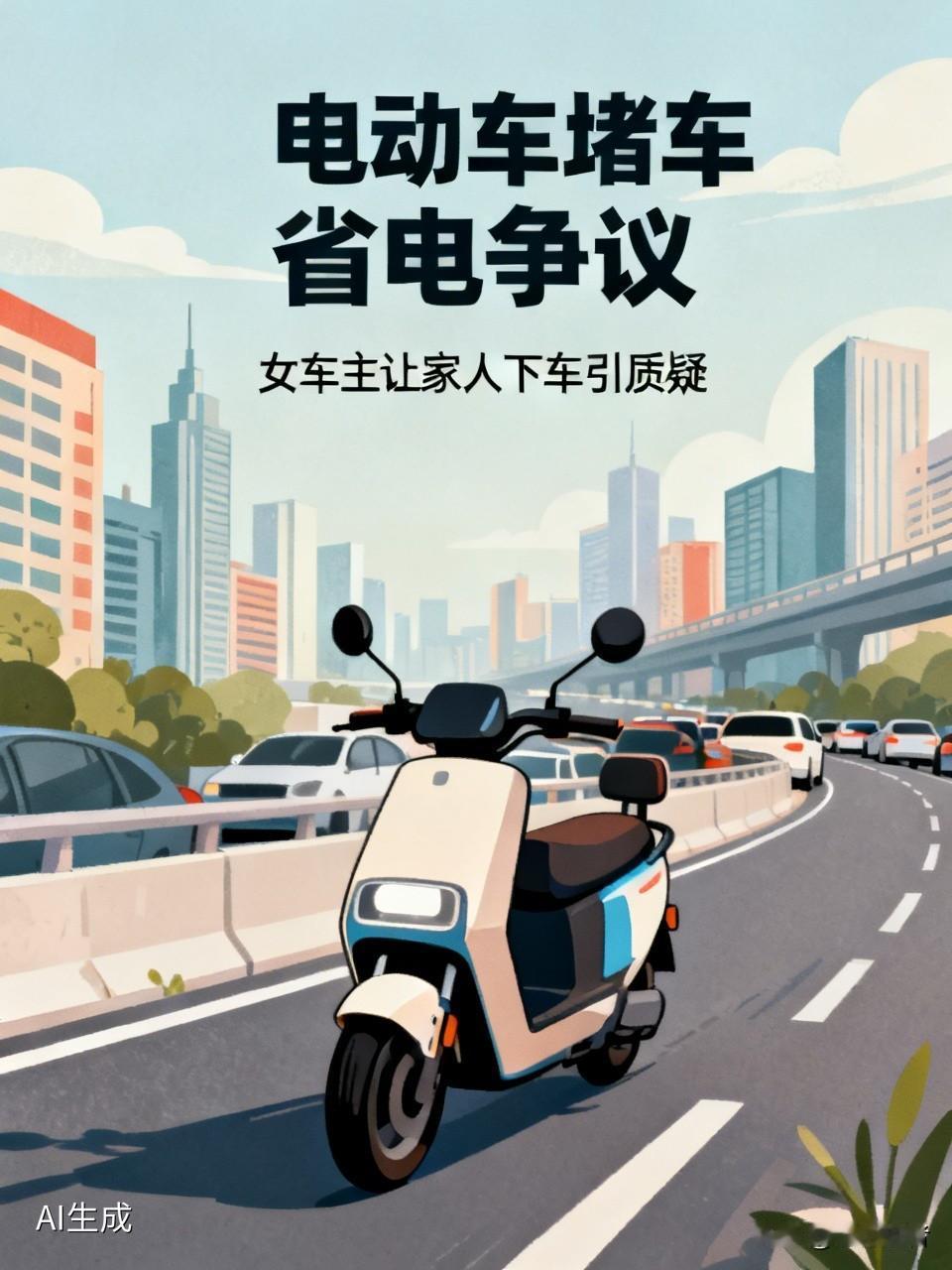 电动车堵车困境引发热议：女车主为省电让家人下车遭质疑

近日一则电动车堵车时的省