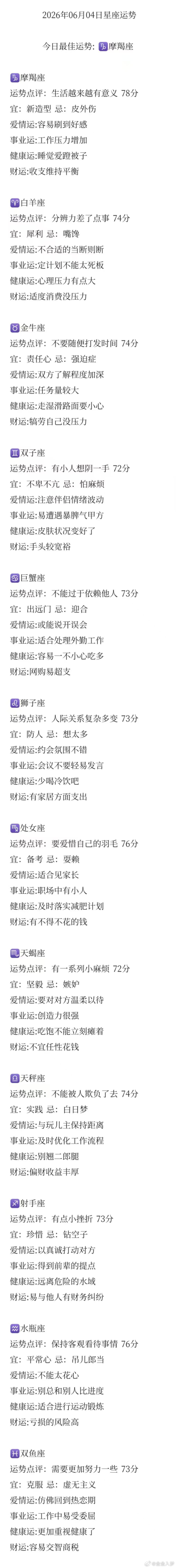 整个六月是不是桃花旺不知道，但是摩羯♑是本日运势最佳😎今天的摩羯接好运！6月桃