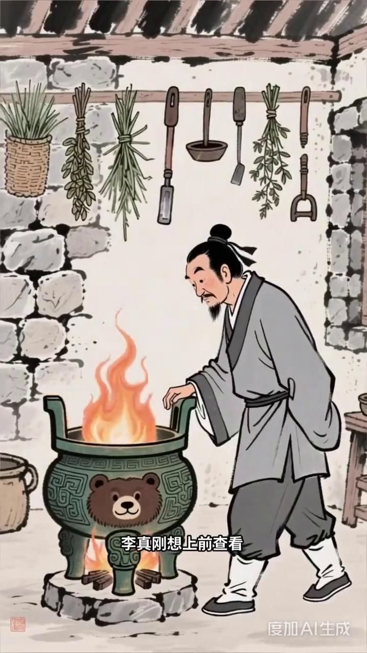 唐朝炼丹师李真在终南山炼丹房内调配长生不老药。他将硝石、硫磺和木炭研磨成粉，倒入