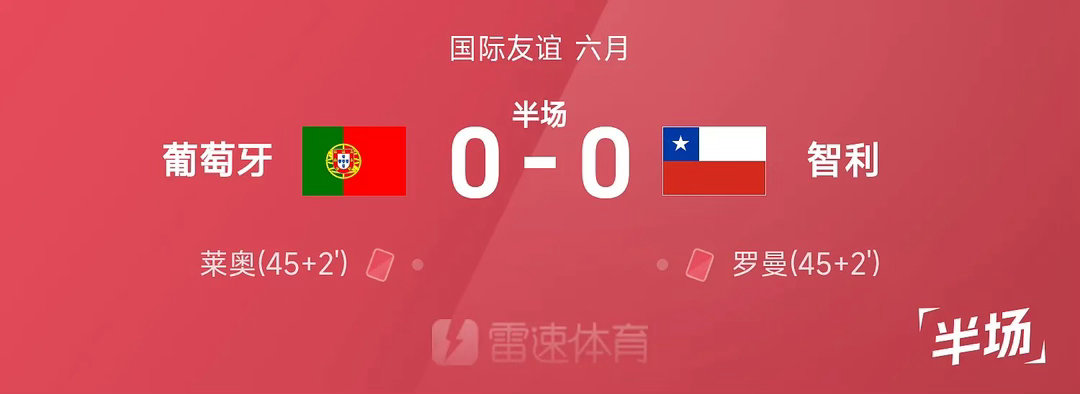⚽️【半场战报】友谊赛踢成 友“尽”赛  C罗进球被吹，莱奥染红葡萄牙0-0智利