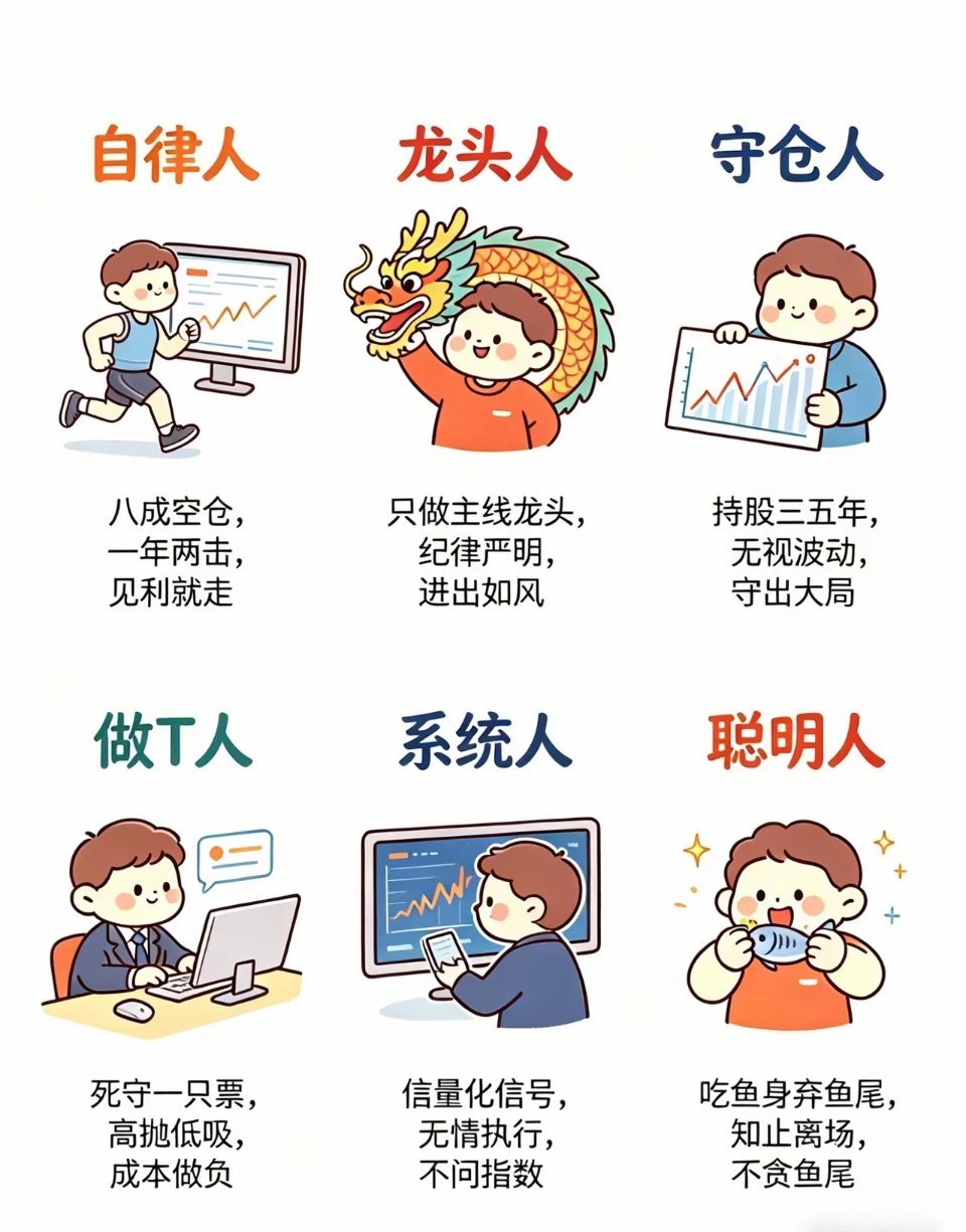 在股市里赚钱的6种人：第1种：自律人，八成空仓，一年两击，见利就走。第2种：龙头