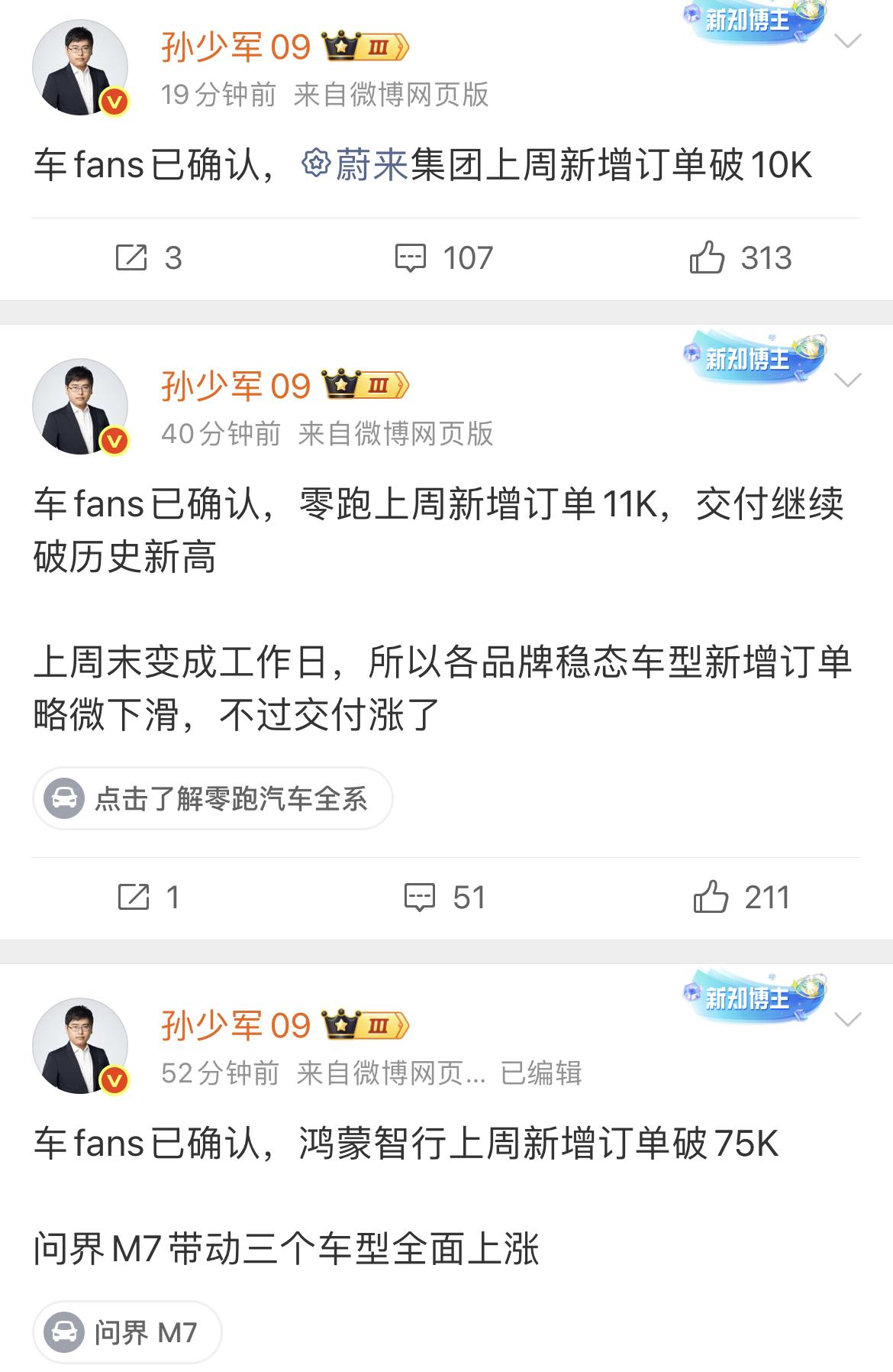 上周部分新势力新增订单数据。
鸿蒙智行：75000+，上周主要有问界M7和尚界H