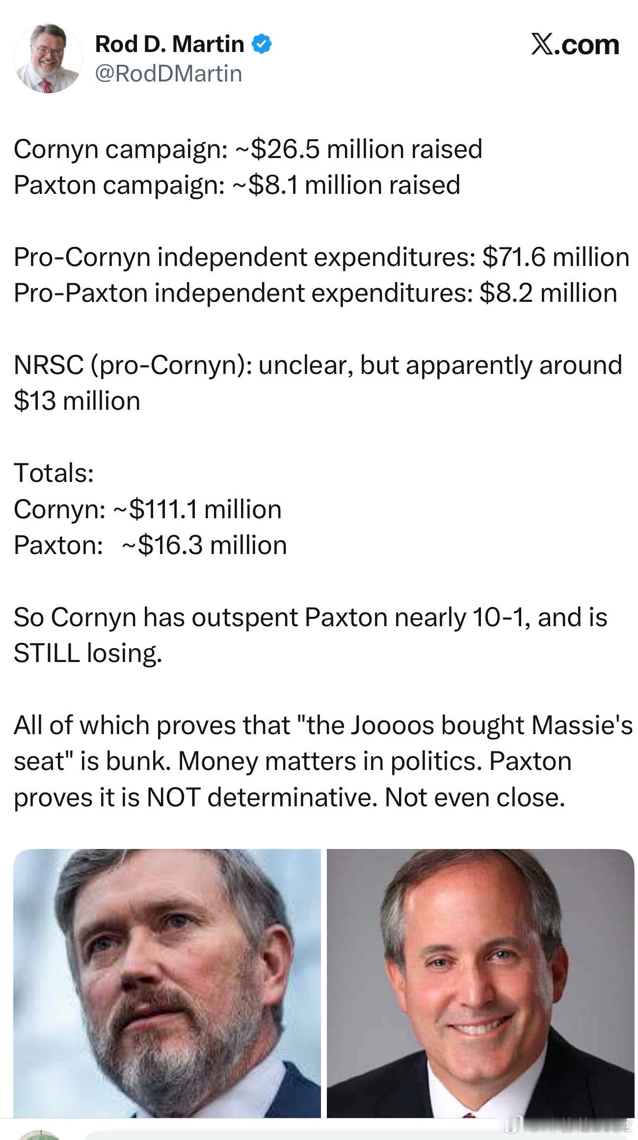 Cornyn 竞选团队筹款：约 2650 万美元Paxton 竞选团队筹款：约 