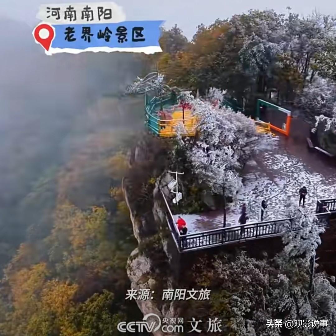 近日，河南南阳老界岭景区内，山脊两侧出现一壮观景象：一侧彩林层林尽染，一侧冰雪童